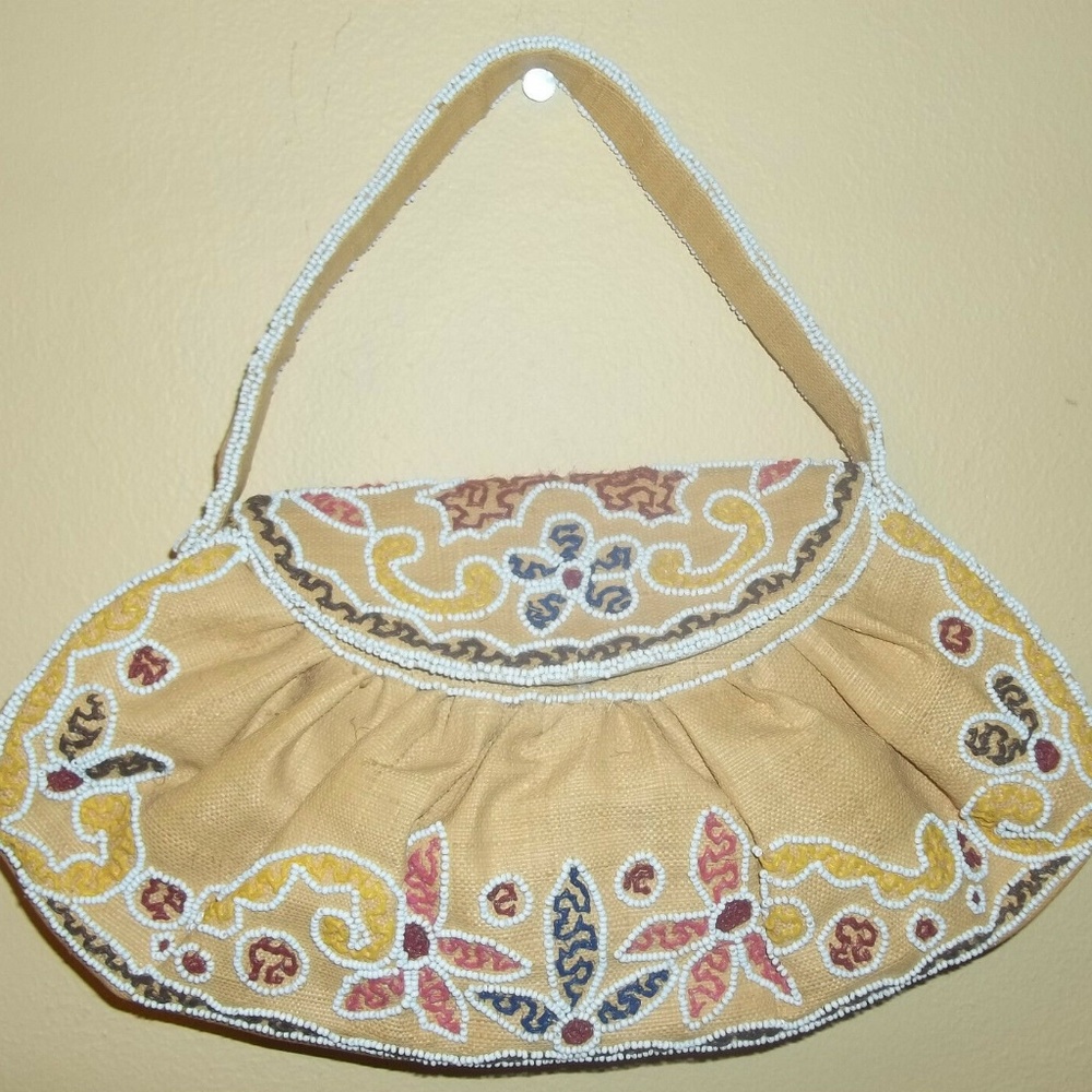 Beaded Gold Canvas Handbag / Purse Designer - VINTAGE
